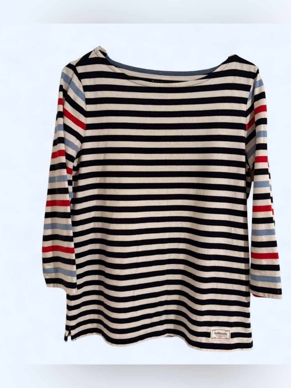 Talbots Striped Boatneck 3/4 Sleeve Top in Black, White & Red. Women size M